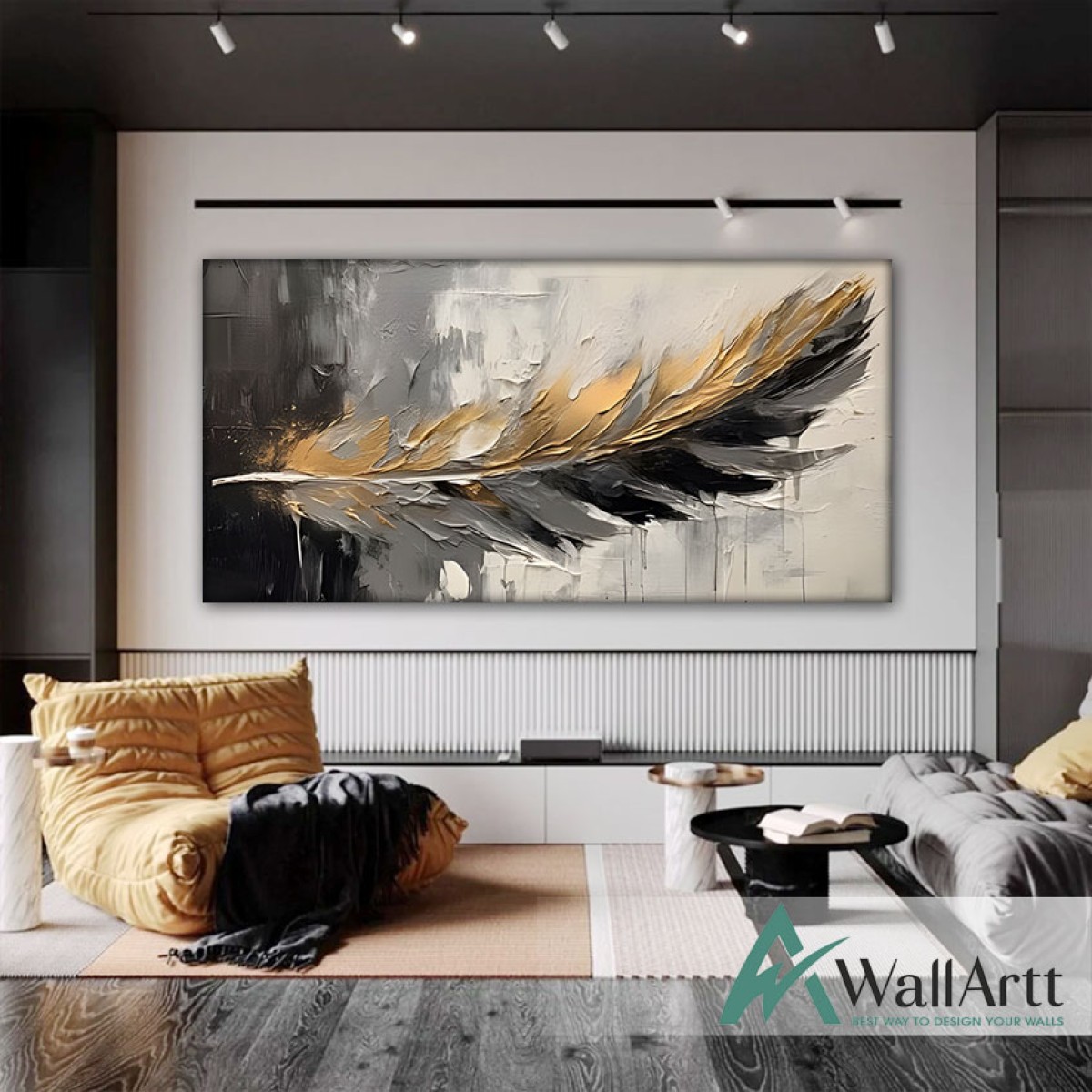 Abstract Gold Black Feather 3d Heavy Textured Partial Oil Painting